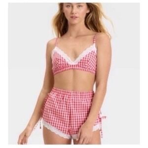 Colsie Red Gingham Lace Trim Bralette Pajamas Size Large cotton coastal cowboy